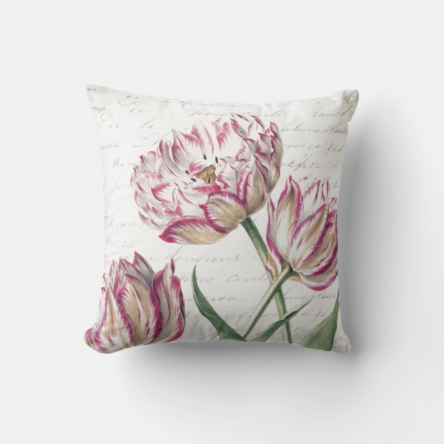 Botanisk rosa- och vittulpanillustration kudde (Framsida)