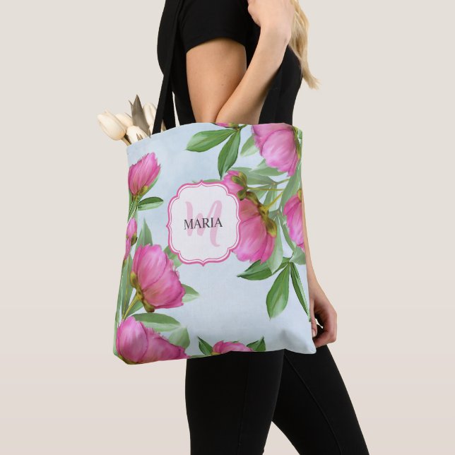 Botanisk Rosa Peonies Chic Girly Monogram Peonies Tygkasse (Närbild)