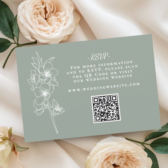 Botanisk Salvia Grön Bröllops QR-kod OSA Kort (Botanical Sage Green Wedding QR Code RSVP Card)