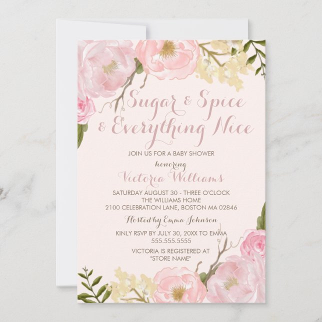 Botanisk socker & kryddflicka baby shower inbjudan (Framsida)