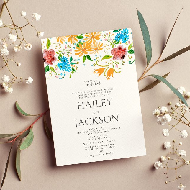 Botanisk sol orange rosa blå mint blommande bröllo inbjudningar (Botanic sun orange pink blue mint floral wedding Invitation)