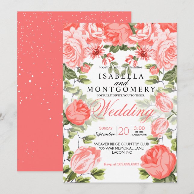 Botanisk Söt Coral Blommigt Bröllop Inbjudningar (Fram/baksida)