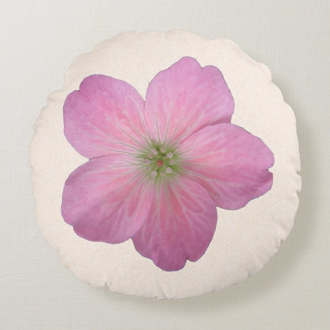Botanisk söt rosa pelargonblomma på någon färg rund kudde (Framsidan)