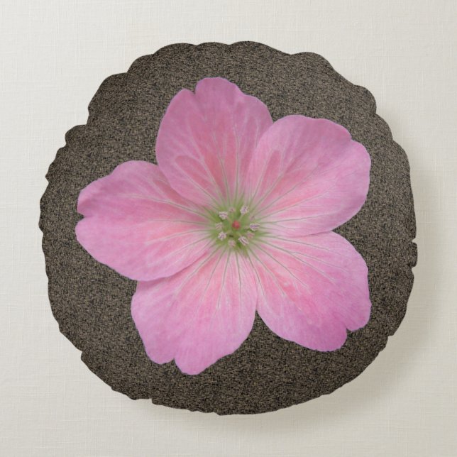 Botanisk söt rosa pelargonblomma rund kudde (Framsidan)