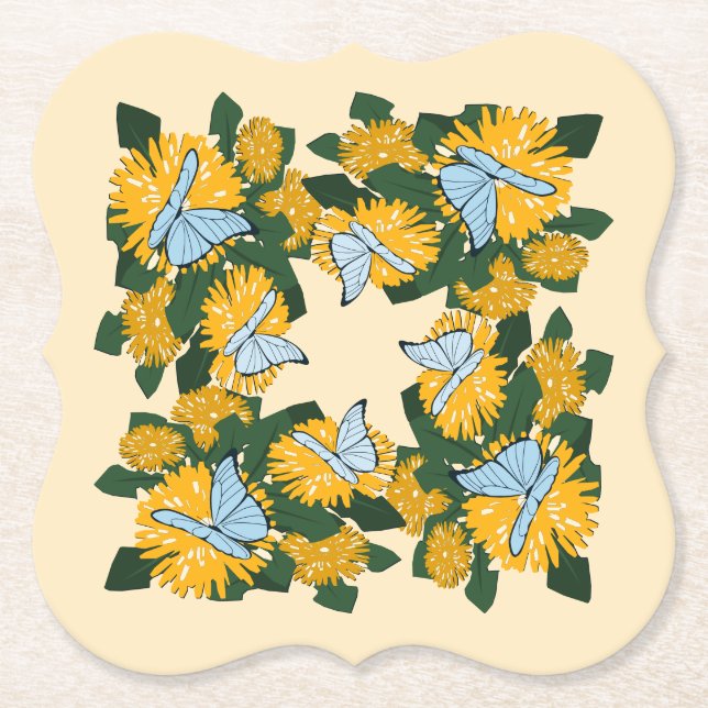 Botanisk stiliserad gul maskros fjärilar underlägg papper (Framsida)