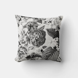 Botanisk svart- & vitvintage & krypblommigt Toile Kudde