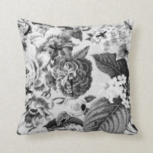 Botanisk svart- & vitvintage & krypblommigt Toile Kudde