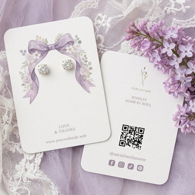 Botanisk Syren Coquette Båge Smycken Display TMF26 Visitkort (Lilac Botanical Coquette Bow and Roses Watercolor Effect Jewelry Display with Modern QR Code.)