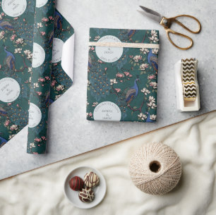 Botanisk teal bröllop påfågel & blommor presentpapper