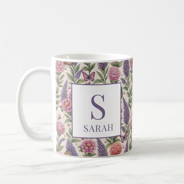 Botanisk trädgård Blommig monogram Lavendel Kaffemugg (Vänster)
