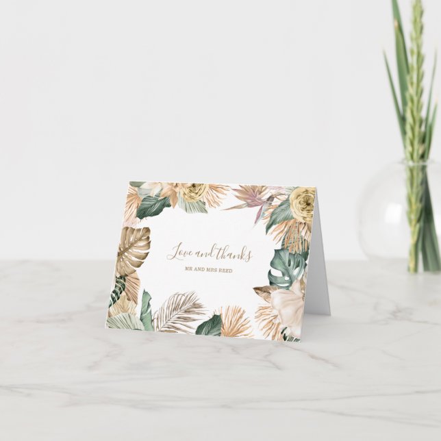 Botanisk tropisk Blommigt Guld Mauve Bröllop Tack Kort (Framsida)