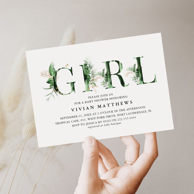 Botanisk tropisk Grönt och Guld GIRL-babyskor Inbjudningar (Skapare uppladdad)