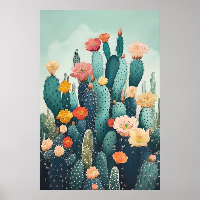 Botanisk Väggdekor - Vintage Blommande Kaktus Poster (Framsidan)