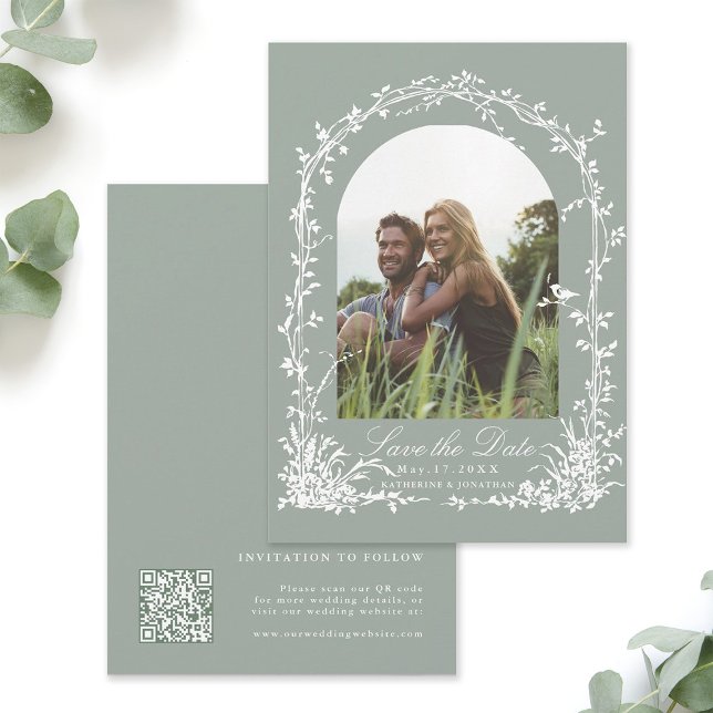 Botanisk valvvägg Sagegrön bröllopsfotografi  Spara Datumet (Front & Back)