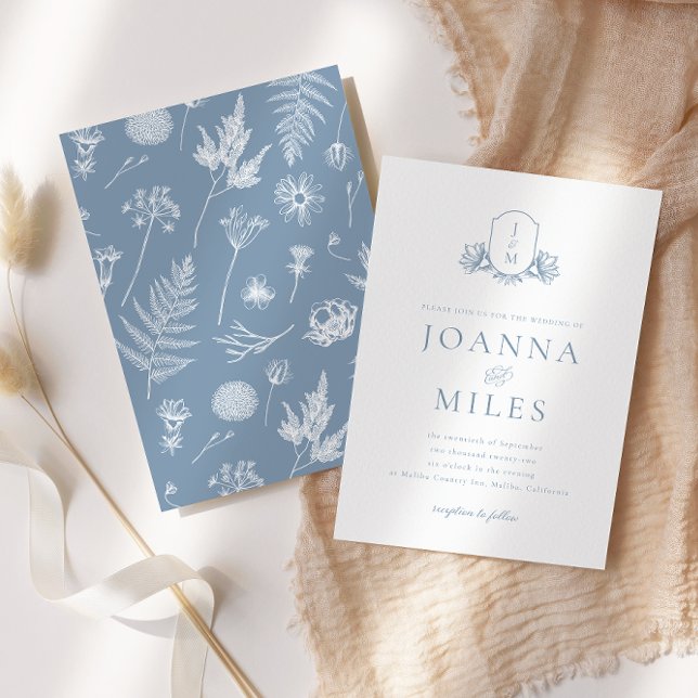 Botanisk Vapensköld Dusty Blue Monogram Inbjudningar (Skapare uppladdad)