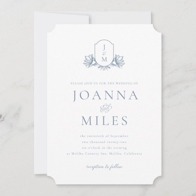 Botanisk Vapensköld Dusty Blue Monogram Inbjudningar (Framsida)