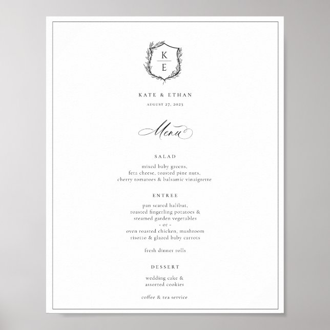 Botanisk Vapensköld Monogram Bröllop Menu Poster (Framsidan)