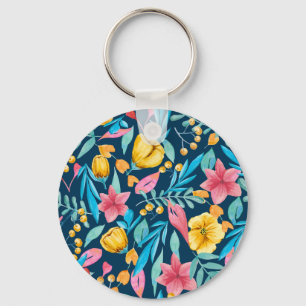 Botanisk vattenfärg: blommor, löv ornament. nyckelring