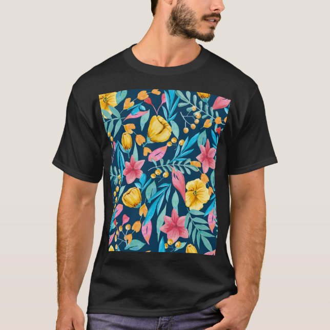 Botanisk vattenfärg: blommor, löv ornament. t shirt (Framsida)