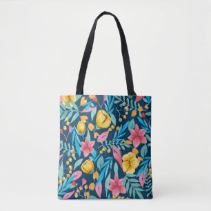 Botanisk vattenfärg: blommor, löv ornament. tygkasse