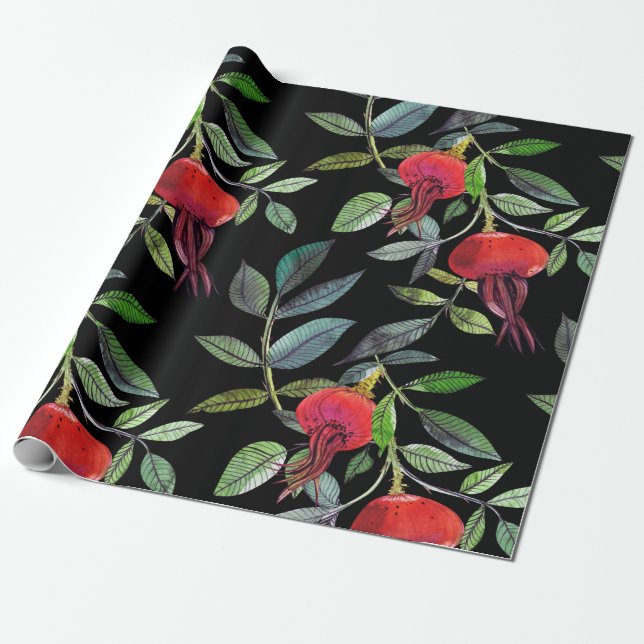 Botanisk vattenfärg teckning dogrose mönster. Brig Presentpapper (Utrullad)