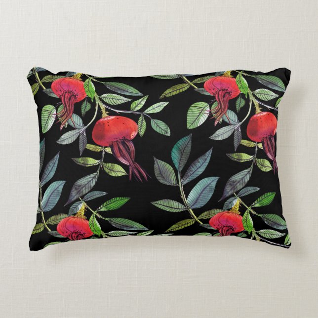 Botanisk vattenfärg teckning dogrose mönster. Brig Prydnadskudde (Framsidan)