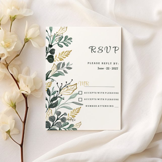 Botanisk vattenfärgad grönt guld grey OSA Inbjudningar (Botanical watercolor green gold greenery RSVP)
