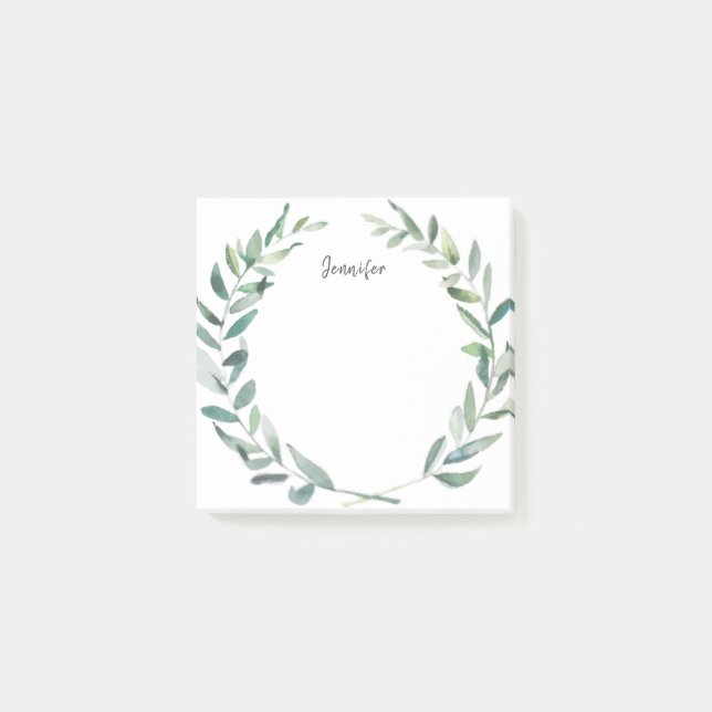 Botanisk vattenfärgoliv lämnar monogrammed post-it block (Framsida)