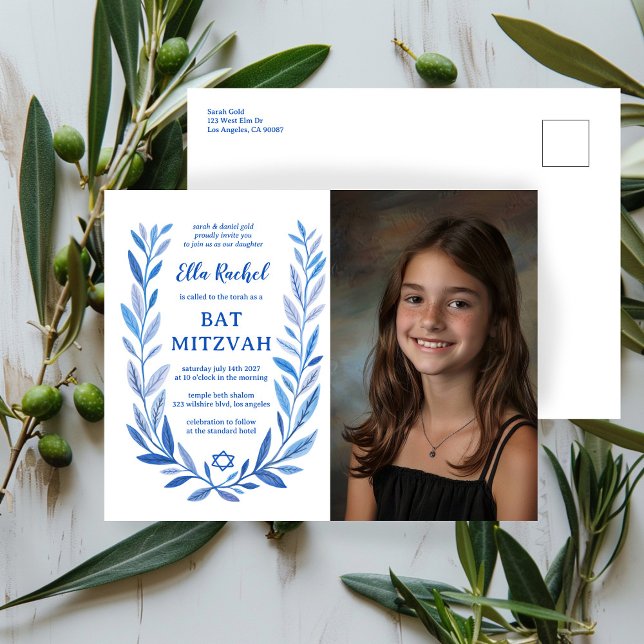 Botanisk vattenfärgsANPASSNINGSBAR PHOTO Fladdermu Vykort (Botanical Watercolor CUSTOM PHOTO Bat Bar Mitzvah Postcard Invitation
)