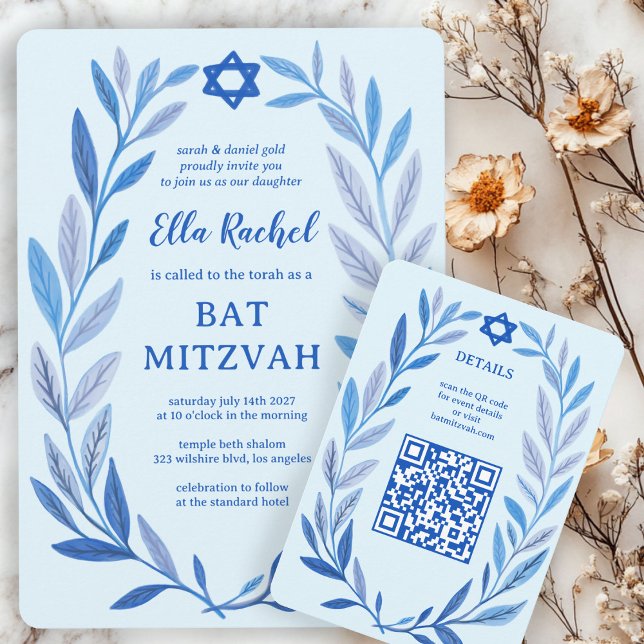 Botanisk vattenfärgsANPASSNINGSBAR QR Pub Bat mitz Tilläggskort (Botanical Watercolor CUSTOM QR Bar Bat Mitzvah Enclosure Card
)