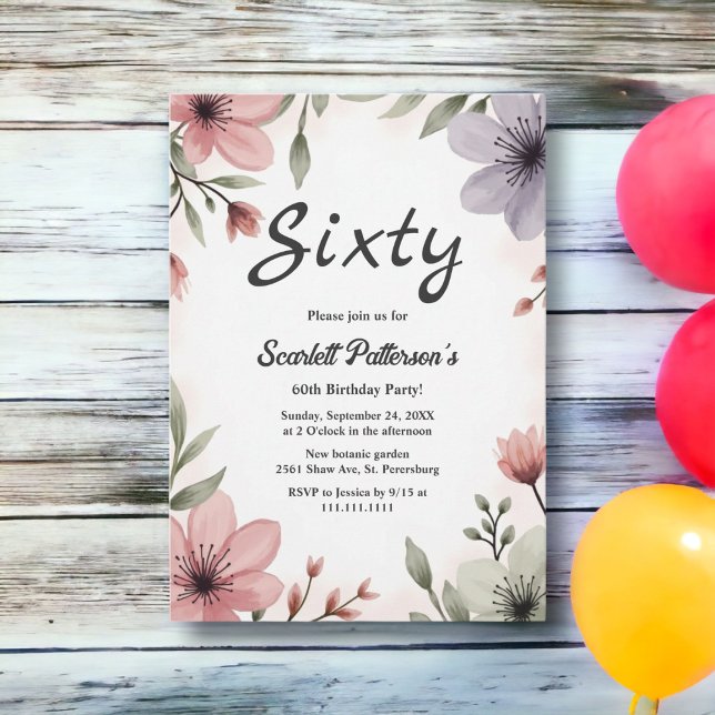 Botanisk vattenfärgsBlommigt Romantic 60:e födelse Inbjudningar (Skapare uppladdad)