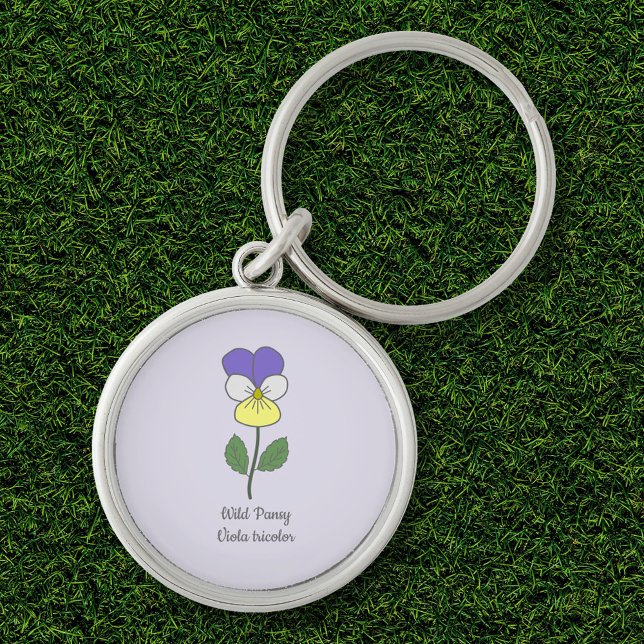 Botanisk Vild Pansy Pastel Flower Rund Silverfärgad Nyckelring (Botanical Wild Pansy Flower Keychain)