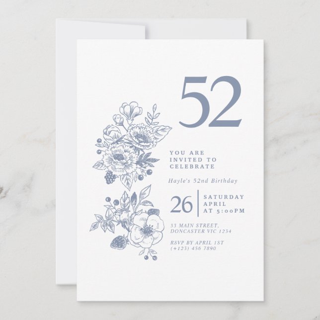 Botanisk Vildblomma Dammt blå 52-årsdag Inbjudningar (Framsida)