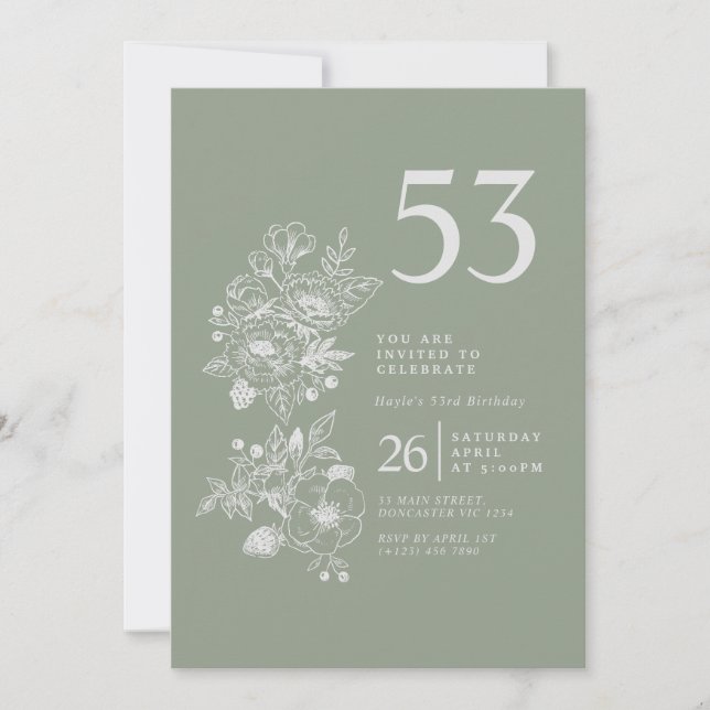 Botanisk Vildblomma Dammt blå 53-årsdag Inbjudningar (Framsida)