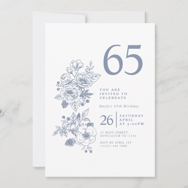 Botanisk Vildblomma Dammt blå 65-årsdag Inbjudningar (Framsida)