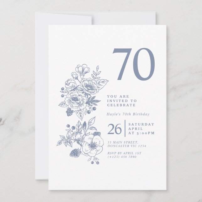 Botanisk Vildblomma Dammt blå 70-årsdag Inbjudningar (Framsida)