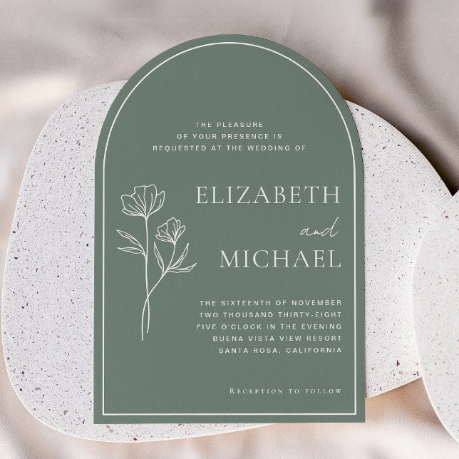 Botanisk Vildblomma Salvia Grön Valvbåge Bröllop Inbjudningar (Botanical Wildflower Sage Green Arched Wedding Invitation)