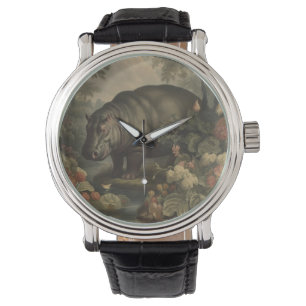 botanisk vintage av en hippo och blommor armbandsur