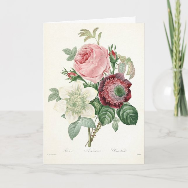 Botanisk Vintage Vattenfärg Ros Anemon Bukett Helgkort (Framsida)