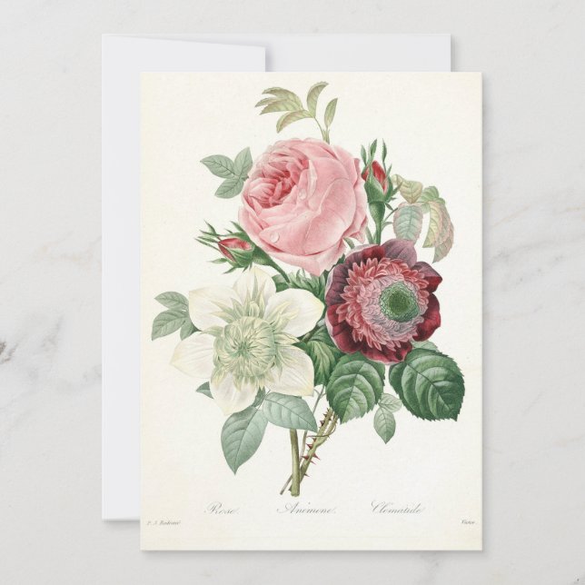 Botanisk Vintage Vattenfärg Ros Anemon Bukett Julkort (Framsida)