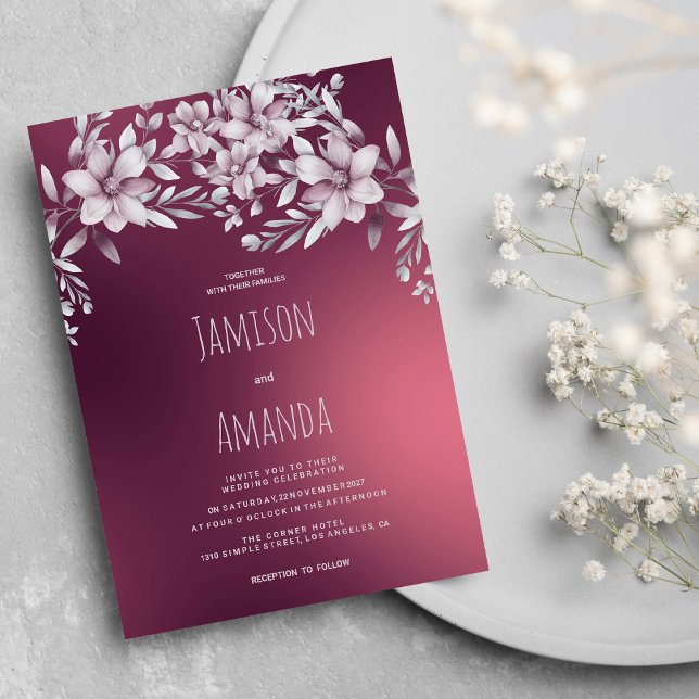 Botanisk vit burgundisk blommigt, gradient Bröllop Inbjudningar (Botanical white burgundy floral gradient Wedding )
