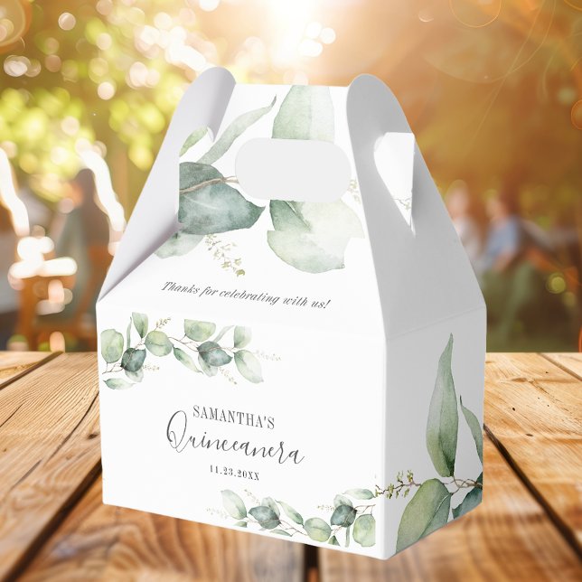 Botaniska 15:e födelsedagen Eucalyptus Quinceanera Presentaskar (Eucalyptus Minimalist Watercolor Quinceanera Favor Box)