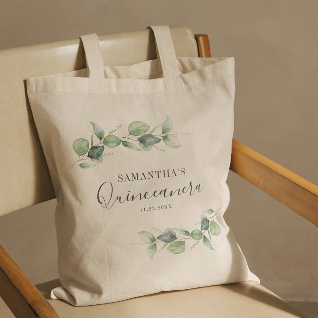 Botaniska 15:e födelsedagen Eucalyptus Quinceanera Tygkasse (Eucalyptus Greenery Quinceanera 15th Birthday Keepsake Tote Bag)