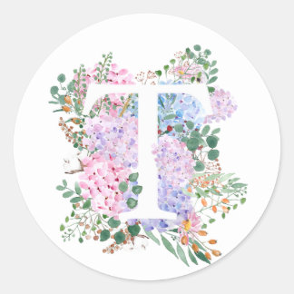 Botaniska alfabet T hydrangea-blommor Runt Klistermärke