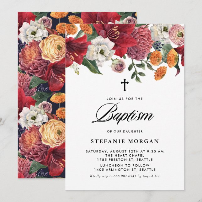 Botaniska Amaryllis och Chrysanthemum Baptism Inbjudningar (Fram/baksida)