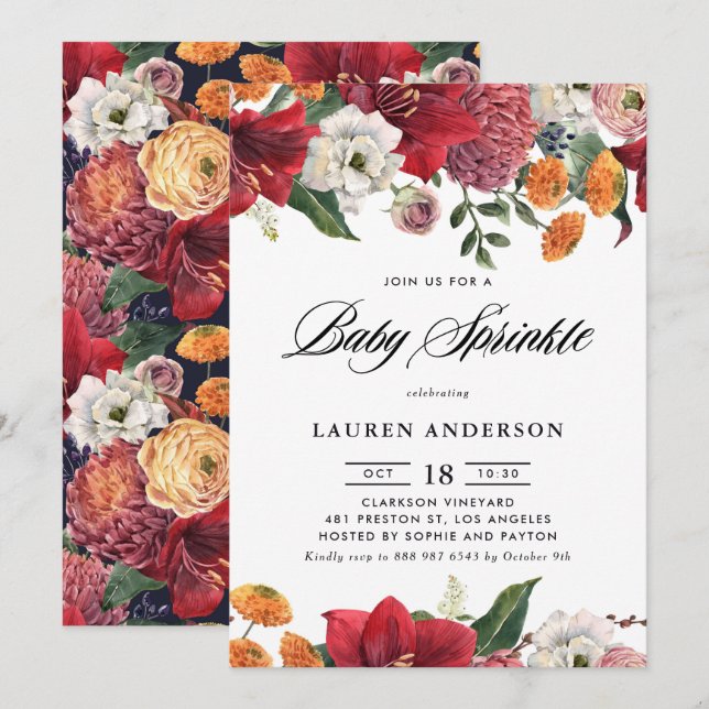 Botaniska Amaryllis och Morsa Blommigt Baby Sprink Inbjudningar (Fram/baksida)