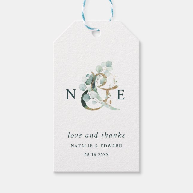 Botaniska Ampersand Guld Grönt Bröllop Tack Presentetikett (Framsidan)