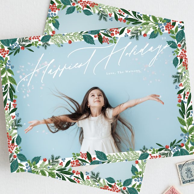 Botaniska bär, ram, klassiskt multifoto HAPPIEST Julkort (Skapare uppladdad)