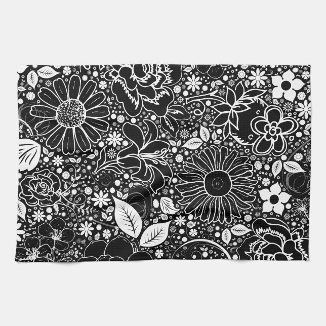 Botaniska Beauties Black and White Kökshandduk (Horisontell)