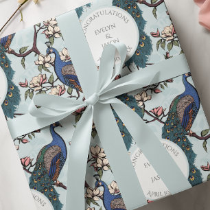 Botaniska blå Bröllop Peacock & Flowers Presentpapper